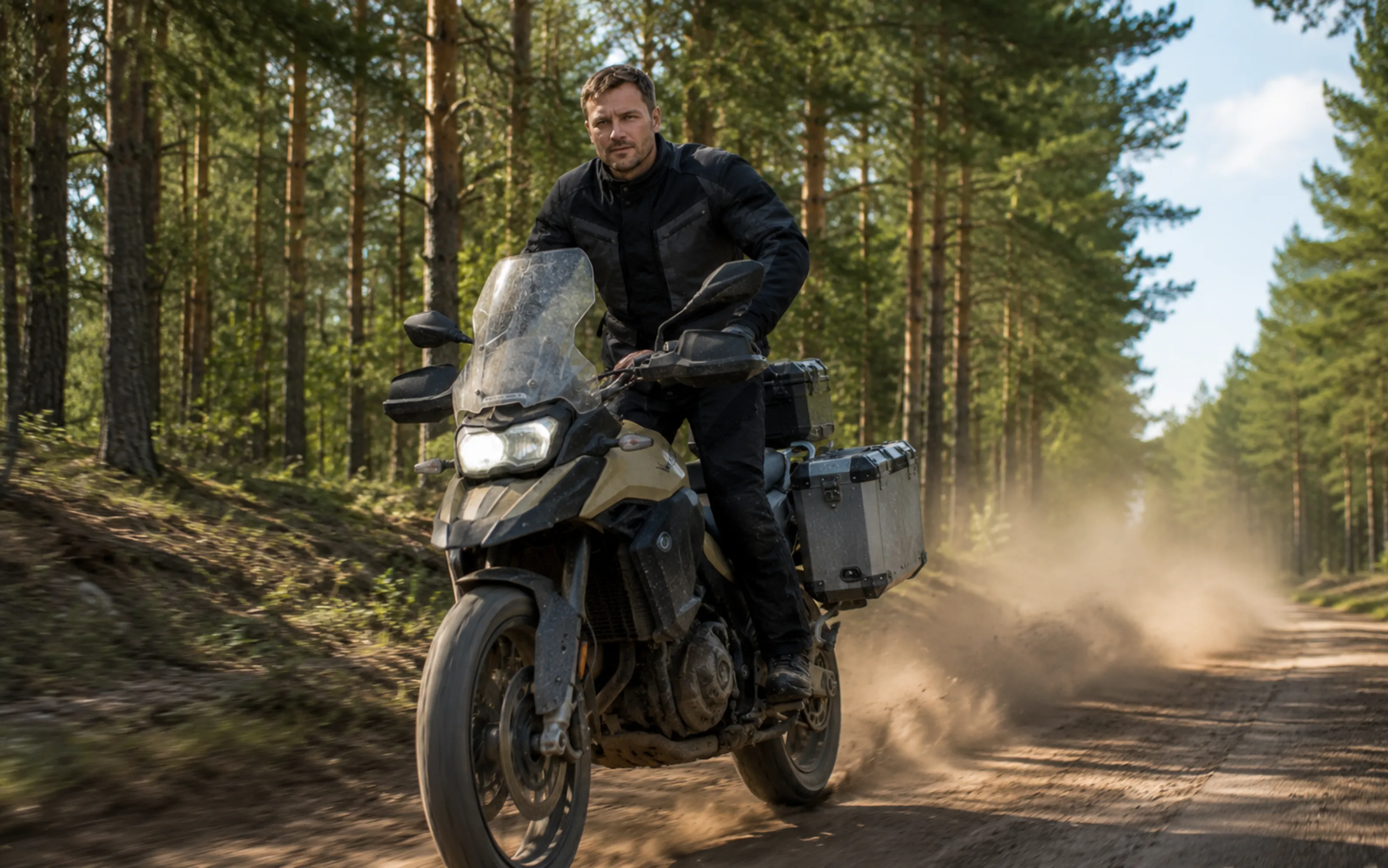 Константин Олександрович Буряченко їде на мотоциклі класу adventure ґрунтовою лісовою дорогою